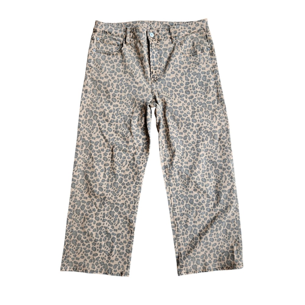 American Eagle Women 12 Leopard Print Wide Leg Stretch Jeans Tan Brown NEW